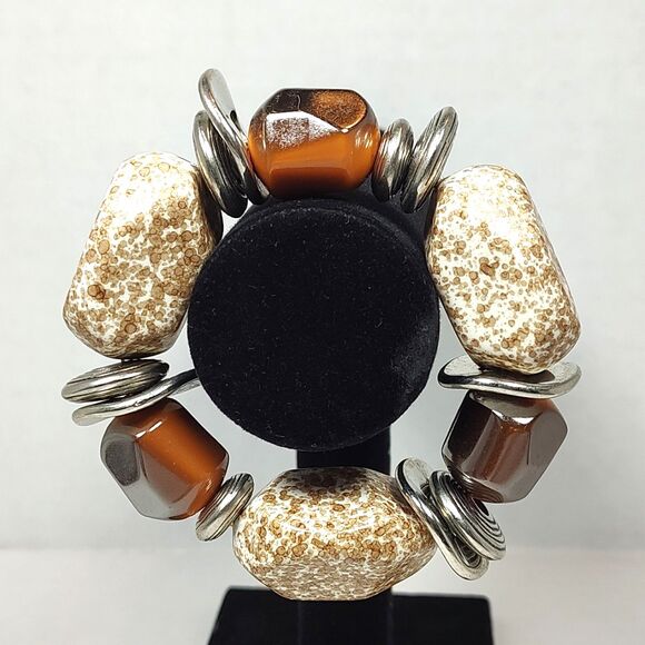 Silver Tone Metal Plastic Beads Stretchy Elastic Cord Bracelet 7.25" Multicolor - Picture 10 of 10